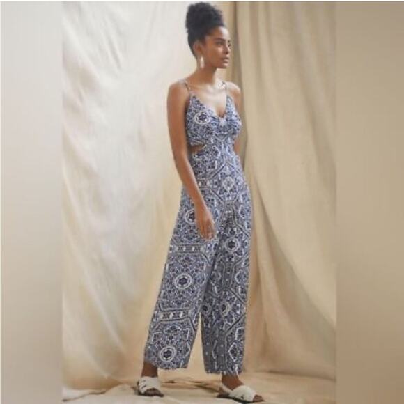 Ranna Gill Tie-Back Cut Out Jumpsuit L Boho Floral Wide Leg Smocked Resortwear - Picture 2 of 8